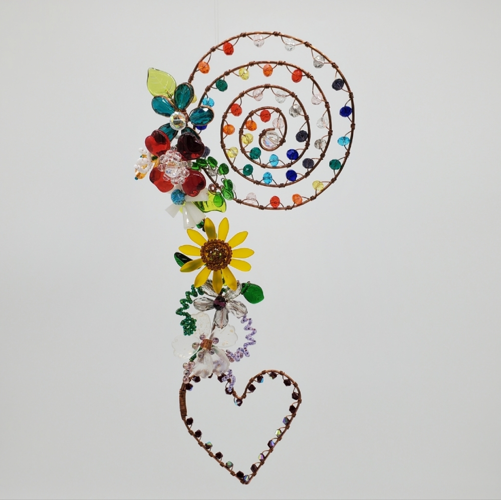 Hand Crafted Spiral Heart with Flowers Suncatcher